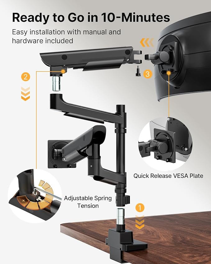 monTEK Dual Ultrawide Monitor Arm for 17-57" Screens, USB, Black | USB-A/C ports, pneumatic lift, quick-release VESA 75/100 plates, clamp/grommet bases and hidden cable routing - Image 6