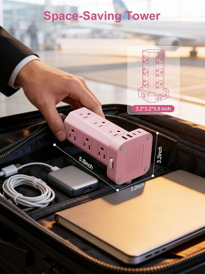 Power Strip Tower Surge Protector, 6FT Flat Plug Extension Cord with Multiple Outlets, 12 AC Outlets 4 USB (2 USB C), Desktop Charging Station with Surge Protection for Home Office Dorm Room, Pink - Image 7