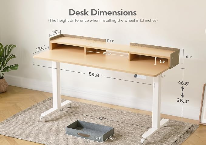 Claiks Standing Desk with Drawers & Wheels, 2 Height Shelf 59" Ntural | 2 height adjust shelf, tabletop drawers, felt fence design, sturdy supports 176 lbs, 4 wheels, 2 tire monitor stand - Image 3