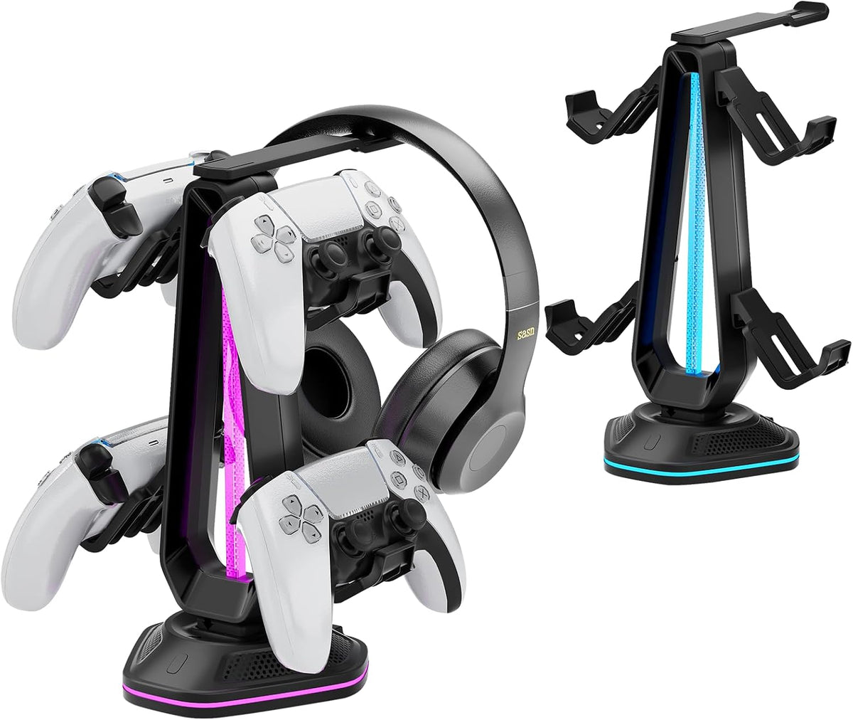Saitake RGB Controller Holder with 9 Light Modes,Controller Stand with 2 USB Ports,Headset Stand for Desk-Headphone Holder Suitable for Xbox PS4 5 Switch Controllers Gaming Room Deco by Saitake