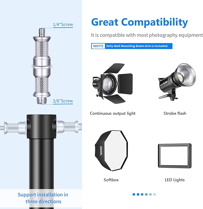 NEEWER Wall Mounting Triangle Boom Arm for Ring Light & Photography Gear | For Monolight, Softbox, Reflector, Umbrella, and Strobe Light, Support 180 Degree Rotation, Max Length 4.3 ft/130cm (Black) - Image 3