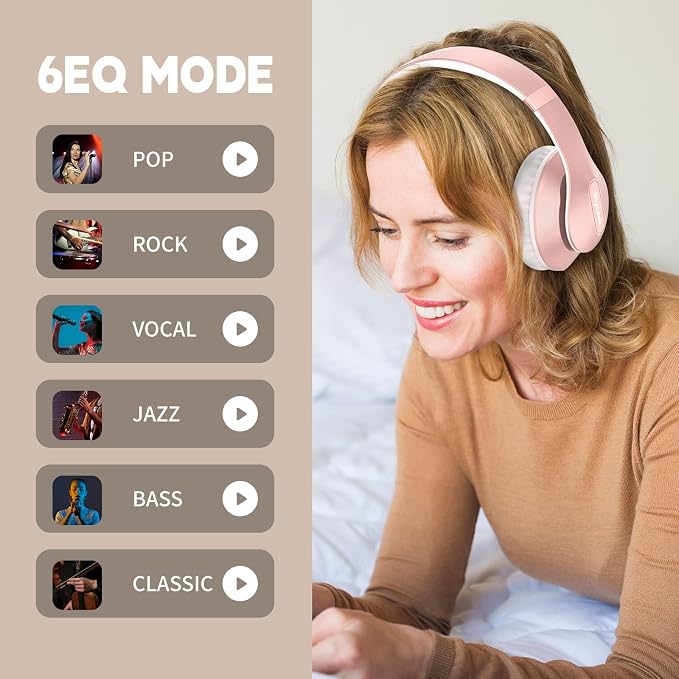 Wireless Bluetooth Headphones Over Ear 65H Playtime HiFi Stereo Headset with Microphone and 6EQ Modes Foldable Bluetooth V5.3 Headphones for Travel Smartphone Computer Laptop Rose Gold | 65H Playtime 6EQ Modes Foldable Bluetooth Headset with Microphone... - Image 5