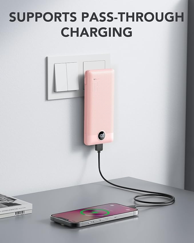 VRURC Portable Charger, Power Bank Built-in Cables and AC Wall Plug | USB C Power Bank 10000mAh Travel Essentials Phone Charger Compact External Battery Pack For Smart Phones, Tablets etc-Pink - Image 3