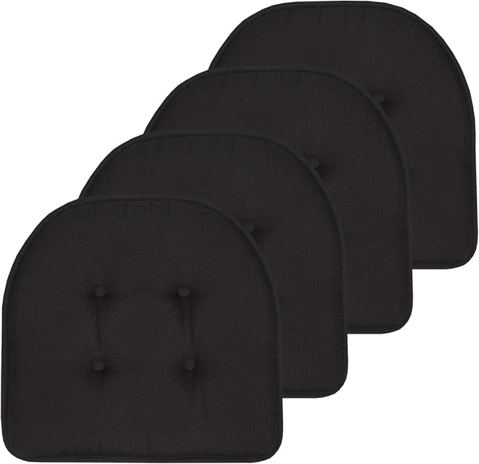 Sweet Home Collection Chair Cushion Memory Foam Pads Tufted Slip Non Skid Rubber Back U-Shaped 17" x 16" Seat Cover, 4 Count (Pack of 1), Black by SweetHomeCollection