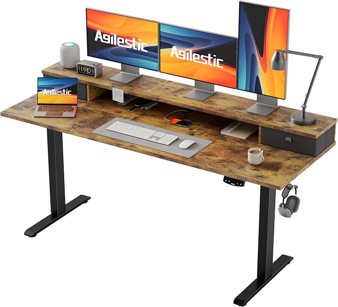 Agilestic 63 * 24 Inch Electric Standing Desk with Drawers, Rustic Brown | Electric Height Adjustable, 2 Storage Drawer, Monitor Stand, Sturdy Steel Frame, Memory Presets, Hooks, 154 lbs, Splice Board by Agilestic