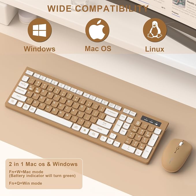 Wireless Keyboard and Mouse Combo Silent for Office and Home(Mocha Color-A) | 2.4G Full Size Silent Cordless Keyboard with Tilt Legs,3-Level DPI Quiet Mouse,for Windows/Mac OS/Desktop/Laptop/PC - Image 5