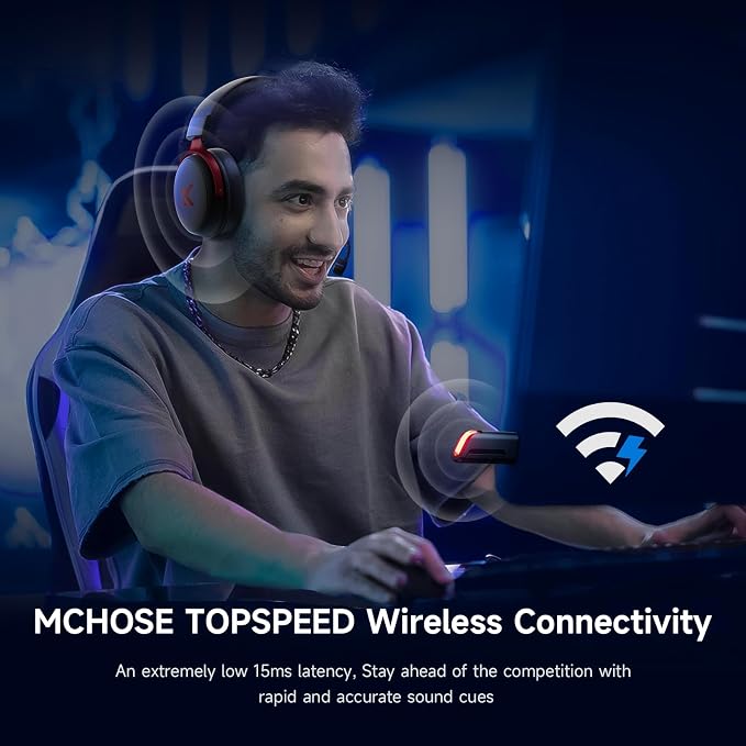 MCHOSE V9 PRO Wireless Gaming Headset 7.1 Surround Sound for PS5 PS4 PC SWITCH TOPSPEED Gaming Headphones, Noise Canceling Mic, 250Hr Battery, Low 15ms Latency, Lightweight, BT 5.3 FPS Games Black&Red - Image 5