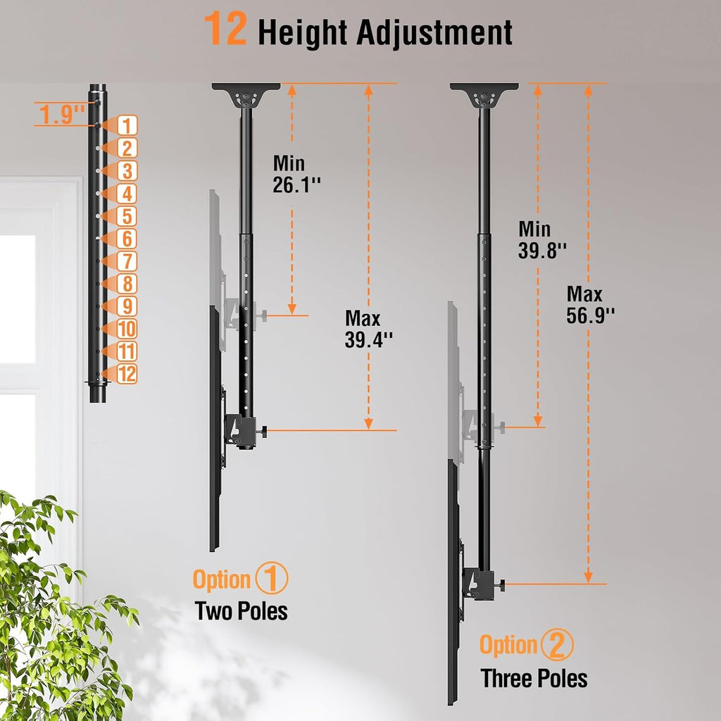 Ceiling TV Mount for 37"-75" TVs, 360° Swivel, 57" Height Adjustable - Image 2
