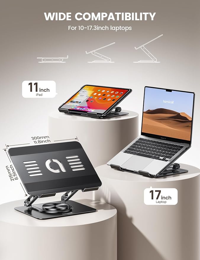 Lamicall Adjustable Laptop Stand for Desk 360° Rotating Base for 10-17.3'' | Aluminum Laptop Riser, Ergonomic Computer Stand Foldable Protable fits MacBook Neo Air Pro Dell HP Lenovo Office Home Black - Image 2