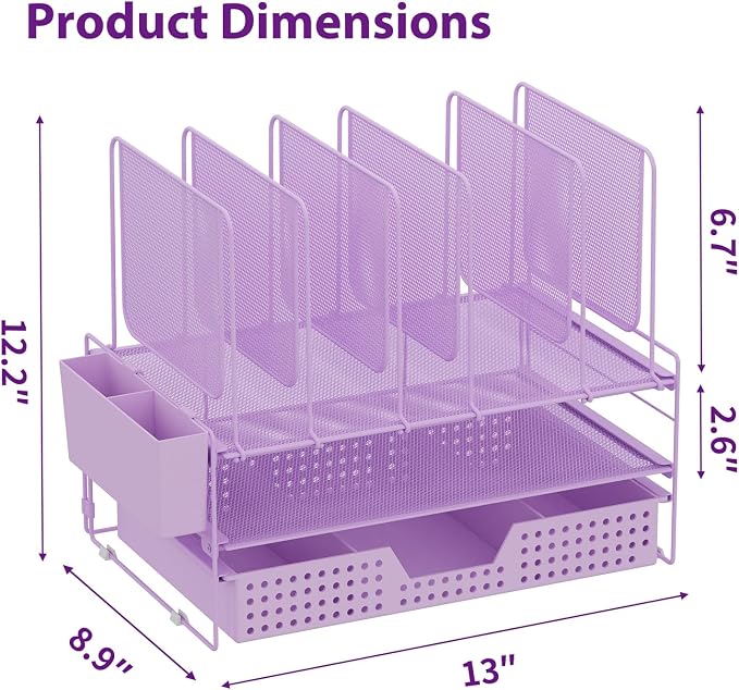 LEKETREE Desk Organizer, Office Organization with Vertical File Holder, File Organizer with Drawer and Pen Holder, Desk Accessories and Workspace Organizers for Home Office (Purple) - Image 7