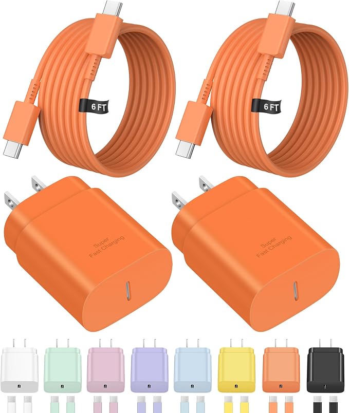 Type C Charger Fast Charging,USB C Charger,25W Samsung Super Fast Charger | for Samsung Galaxy S26/S25/S24/iPhone 17/16/15 Series,Android,with 6FT Extra Long USB C Cable (2-Pack with 2 Cable Orange) by NOVOBIT