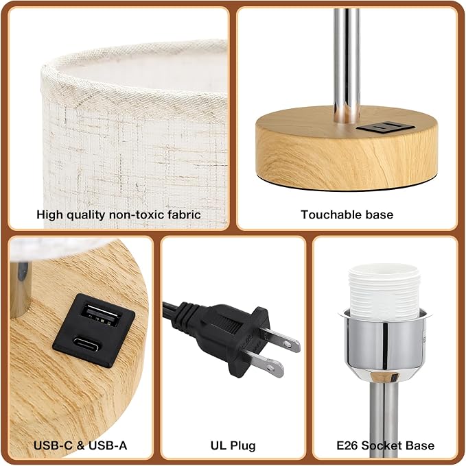 Dicoool Bedside Table Lamp Set of 2-3-Way Dimmable Touch Lamp, USB A+C | LED Bulb Included, USB C+A Charging Ports, Cream Fabric Lampshade, Metal Base, 14" Small Lamps for bedroom, Living Room - Image 8