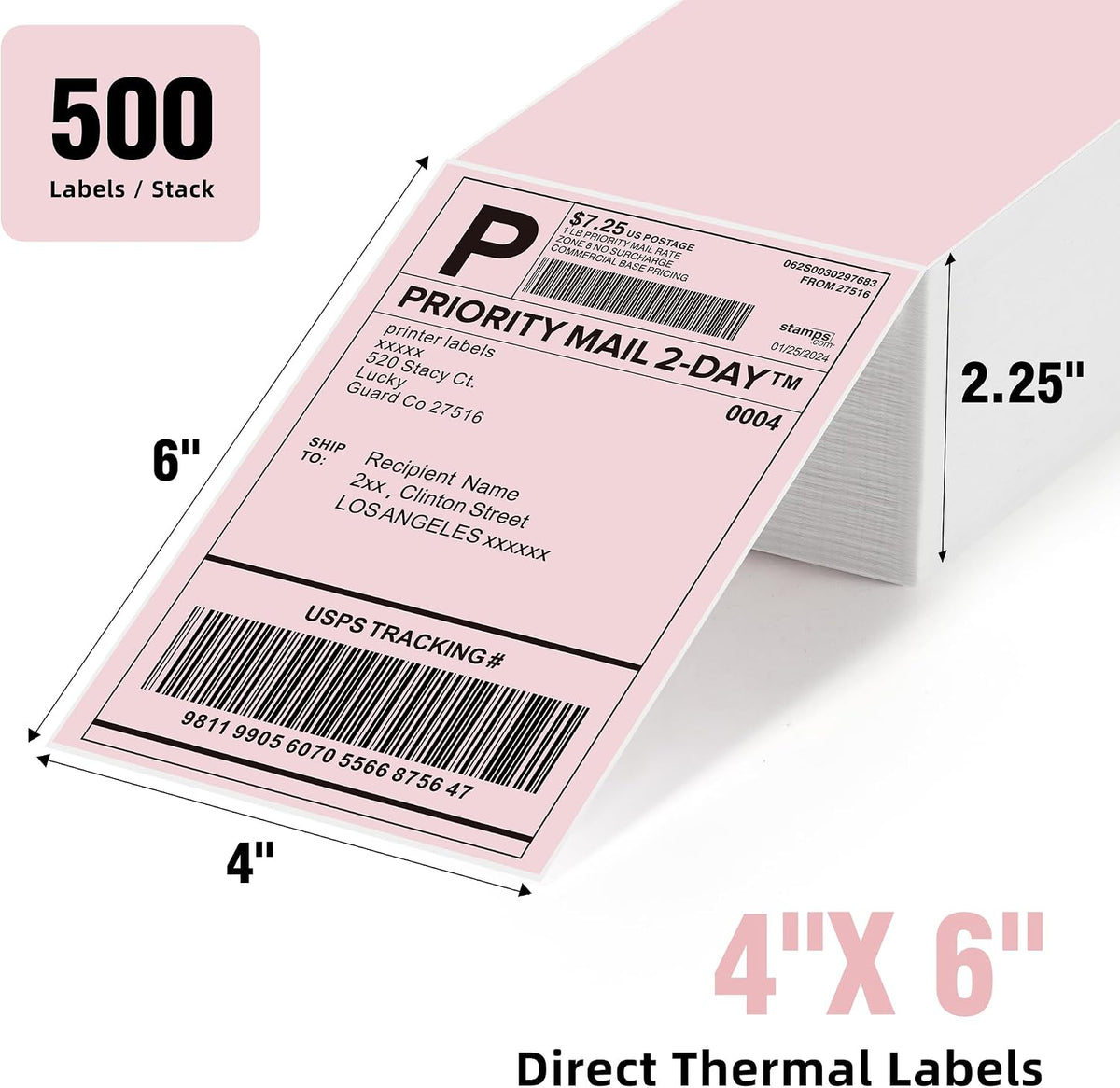 4"x6" Pink Direct Thermal Labels, 500 Fanfold Shipping & Address Label Paper, Self-Adhesive Stickers for Thermal Printer, 1 Stack - Image 2