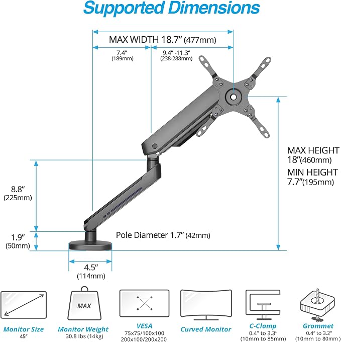 AVLT Single 27”-45” RGB Gaming Monitor Arm Desk Mount - Dark Gray | 20 Lighting Modes Touch Button Control Fits Flat/Curved/Ultrawide Screens Height Swivel Tilt Rotation Adjustable Stand - Image 4