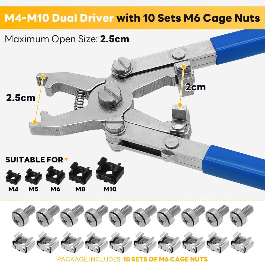 Rotable Dual Head Cage Nut Tool Kit with 10 Sets M6 Silver Rack Mount Screws - Screw Install and Remove Tool for M4 M5 M6 M8 M10 - Screw Tool Kit for Server Rack, Network Cabinet, Data Center(Blue) - Image 3