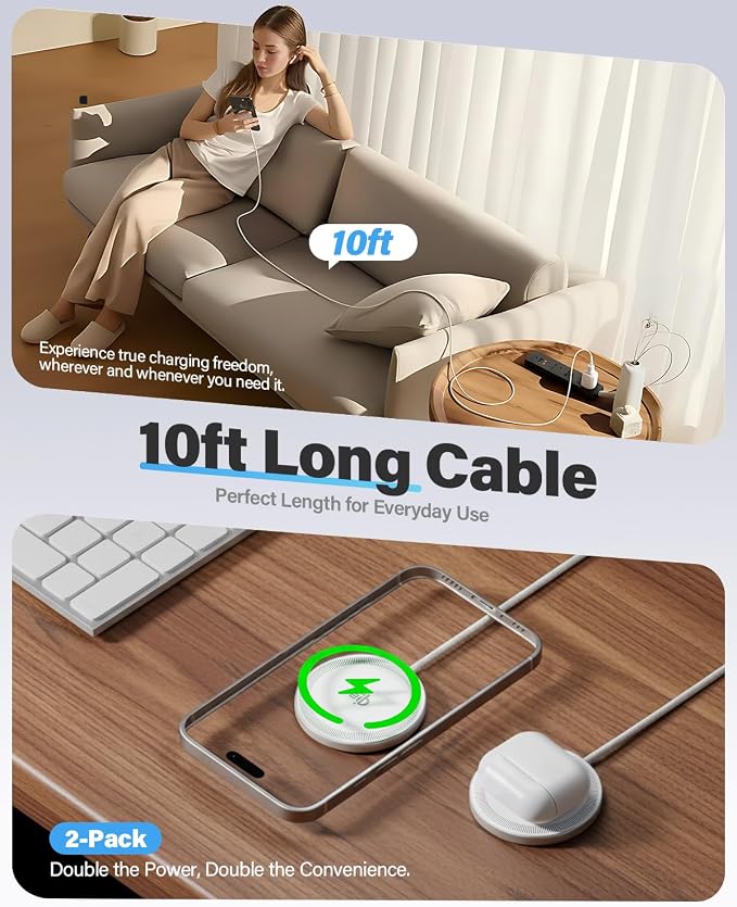 2Pack Magnetic Wireless Charger 25W Fast Charger for iPhone 17/16/15/14/13/12 Series & AirPods, Portable Wireless Charging Pad for Travel Home Office Desk, 10FT-White with Plugs - Image 2