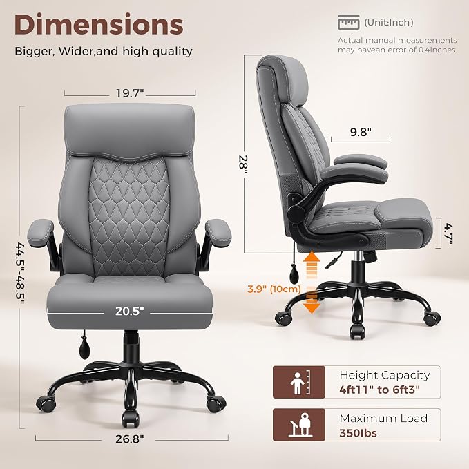 Ergonomic Office Chair with Lumbar Support, Executive Leather Computer Desk Chair with Flip Up Arms & Rocking Function, High Back Big and Tall Comfortable Gaming Chair for Home Office - Image 2