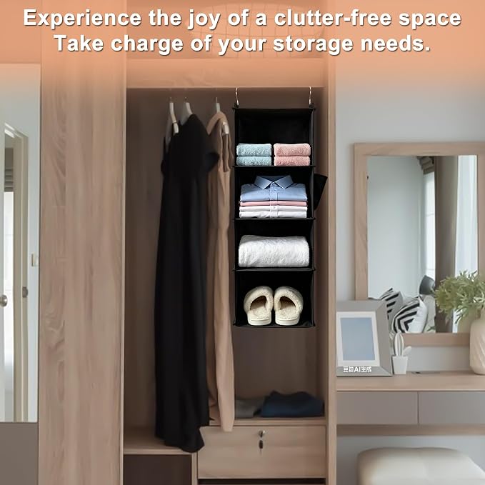 Hanging Closet Organizer and Shelves,4 Shelves with 1 Side Pockets (Beige) | Foldable, Grey Fabric, Modern Style, for Bedroom and Dorm Room - Image 5