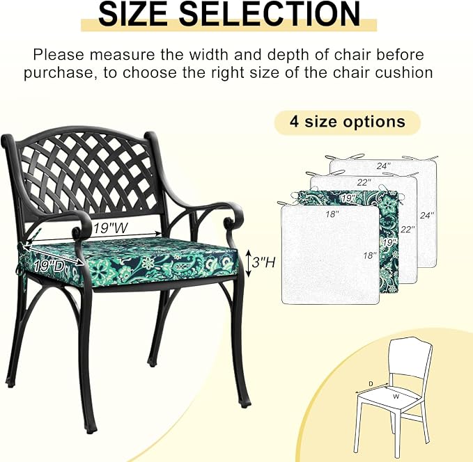 downluxe Outdoor Chair Cushions Set of 4, Waterproof 19" x 19" x 3" Patio Chair Cushion with Non-Slip Ties & Handle, Square Outdoor Cushion for Patio Furniture with Removable Cover, Green Paramecium - Image 3