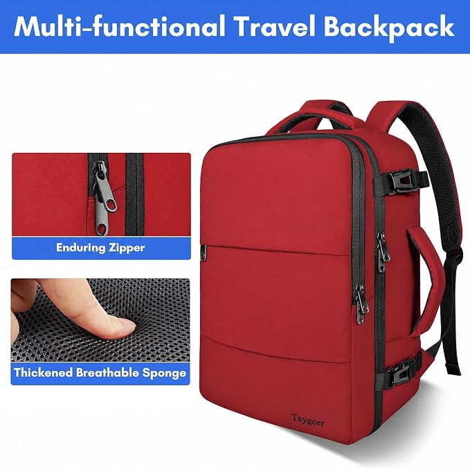 Taygeer 35L Carry on Travel Backpack for Women Men, Personal Item backpack | Travel Backpack with Laptop Compartment & Water Bottle Pocket, Lightweight Work Bag for Weekend Business Hiking, Bright Red - Image 8