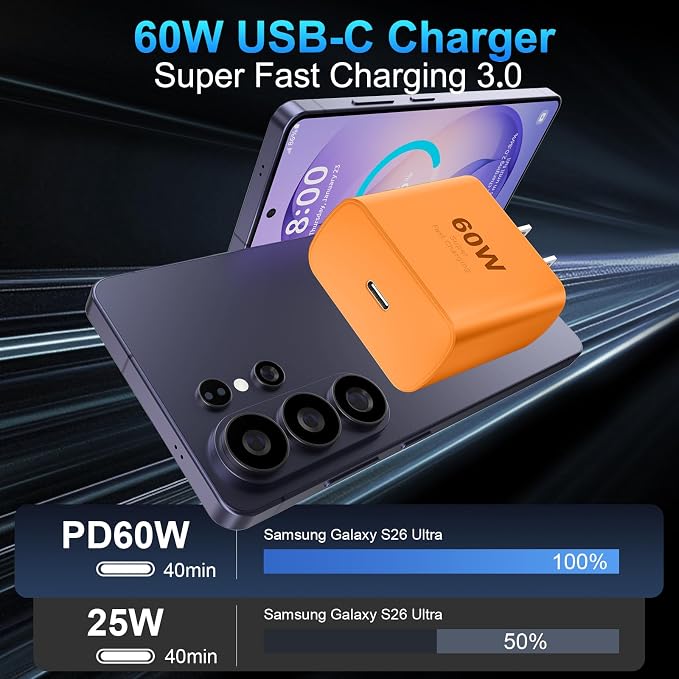 Type C Charger Fast Charging 60W Super Fast USB C Fast Charger Block with 10FT Extra Long C to C Charging Cord for Samsung Galaxy S26 Ultra/S26/S26+/S25 /S24/S23 Ultra/iPhone 17 16 15 Pro Max-Orange - Image 2