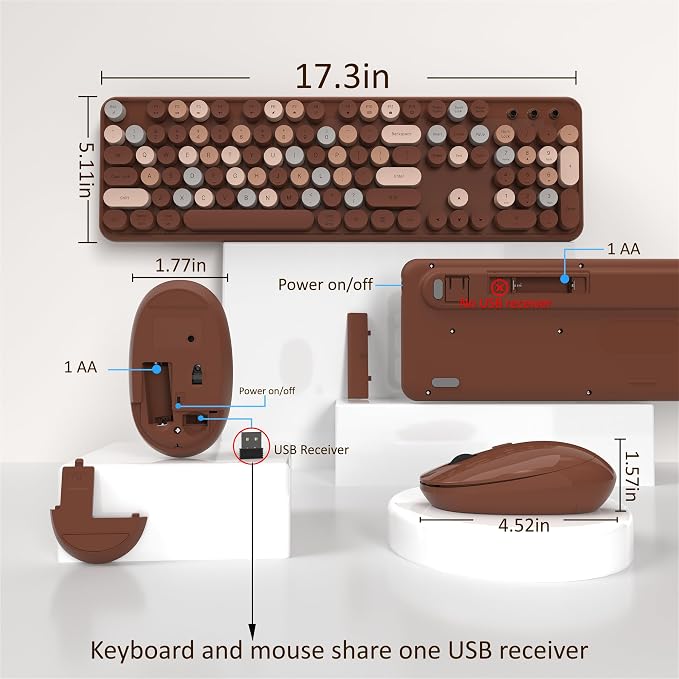 Links9+ Colorful Wireless Keyboard and Mouse Combo (Coffee Colorful) | Full-Size Retro Typewriter Style Keyboard with Vintage Round Keycaps, 2.4G Wireless Set for Windows, Mac, Laptop, PC, Desktop - Image 4