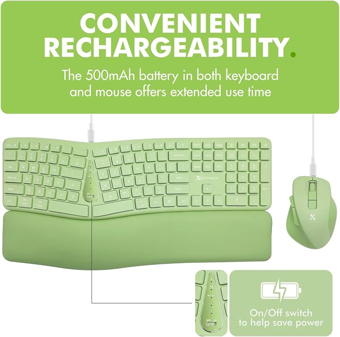 X9 Ergonomic Keyboard and Mouse Wireless Combo - Green Split Keyboard and Mouse Set, Bluetooth/2.4G, Soft Wrist Rest, Rechargeable, Silent Keys, Multi-Device for Laptop, PC, Mac, iOS, Android - Image 5