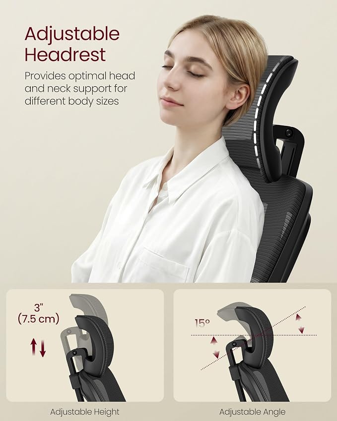 VASAGLE Office Chair, Adjustable Mesh with Lumbar Support and Headrest | Ergonomic desk chair, 90-105° tilt function, wide seat, flip-up armrests, home office, Ink Black UOBN044BH01S - Image 6