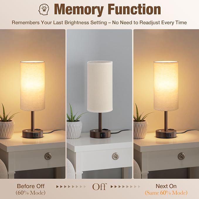 Brown Touch Bedside Lamp for Bedroom, Stepless Dimmable, USB A+C, AC Outlet | Base Touch Button Only, Memory Brightness, Ultra-dim Night Light, Included Bulb for Optimal Dimming, Beige Fabric Shade, Desk - Image 3