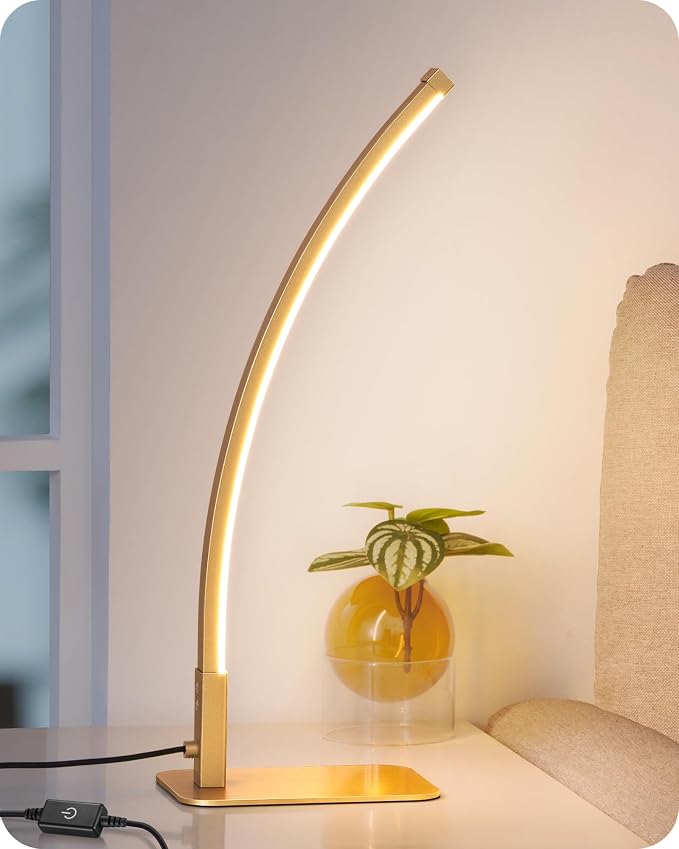 EDISHINE Curved LED Table Lamps for Living Room, Modern Bedside Lamp, Gold | 3 Color Temperature & Stepless Dimming, Aluminum & Iron, Silicone Lampshade, Ideal for Living Room, Office by EDISHINE
