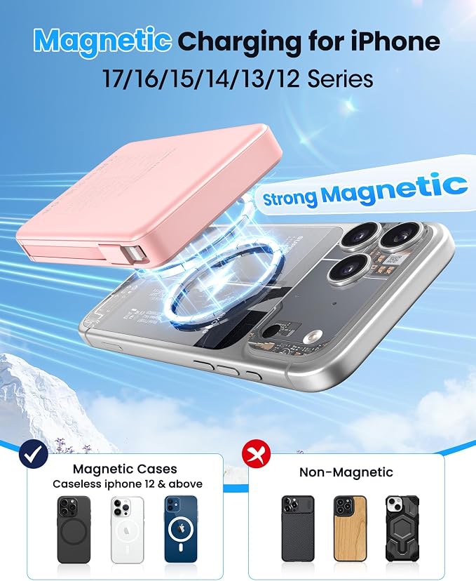 Magnetic Portable Charger, Power Bank Fast Charging 22.5W 10000mAh, Portable Charger with Built in Cable, for Magsafe Battery Pack Compatible with iPhone 17/16/15/14/13/12 Pro/Pro Max, Samsung Pink | Fast Charging 22.5W ExternalBattery Pack Compatible ... - Image 2