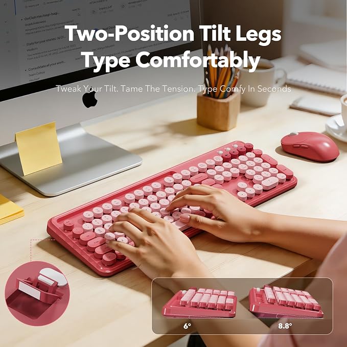 Wireless Keyboard and Mouse Combo, Rose, Round Keycaps, Phone/Tablet Holder | Full-size keyboard, typewriter-style design, 3-level DPI mouse, auto sleep, 2.4GHz for Mac Windows PC laptop, Trueque CK13 - Image 4