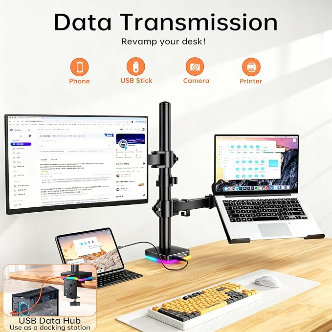 Afaloona RGB Monitor & Laptop Stand with USB Hub, Charging & Data Transfer | Fits 13-32" monitors and 11-17" laptops with a removable tray that converts to a dual monitor mount, up to 18 lb per arm - Image 2
