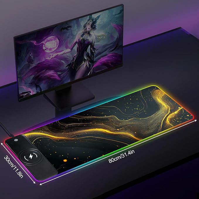 Wireless Charging RGB Gaming Mouse Pad, 31.5 x 11.8 Inch Extended Mouse Mat with Black & Gold Abstract Wave Design, LED Desk Pad with 7 Lighting Modes, Non-Slip Base for Gaming & Office - Image 2