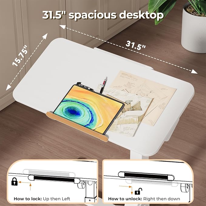 JOY worker Foldable Mobile Standing Desk, 180° Tilt Overbed Bedside Table | Height Adjustable, 31.5" White MDF Top with Lips, Collapsible Top & Base for Storage, Poratble Laptop Desk for Home Hospital - Image 8