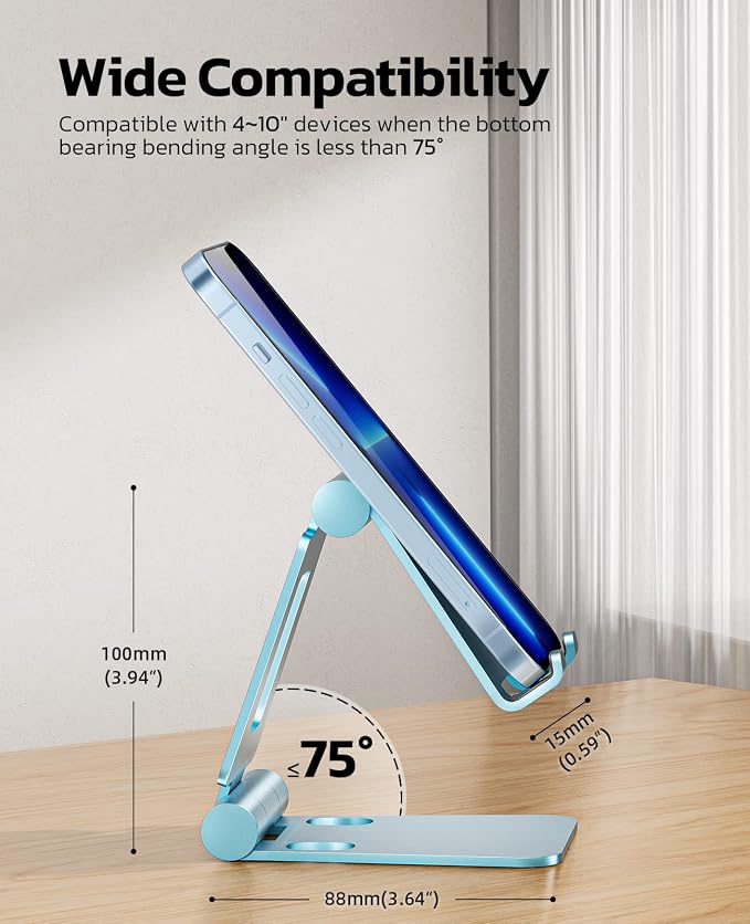 Nulaxy Full Aluminum Dual Folding Cell Phone Stand for Desk, Blue | Height Angle Adjustable, Portable, Anti-Slip Base, Fits 18mm Thick Case Smartphone, Nintendo Switch Desk Essential Accessory - Image 2