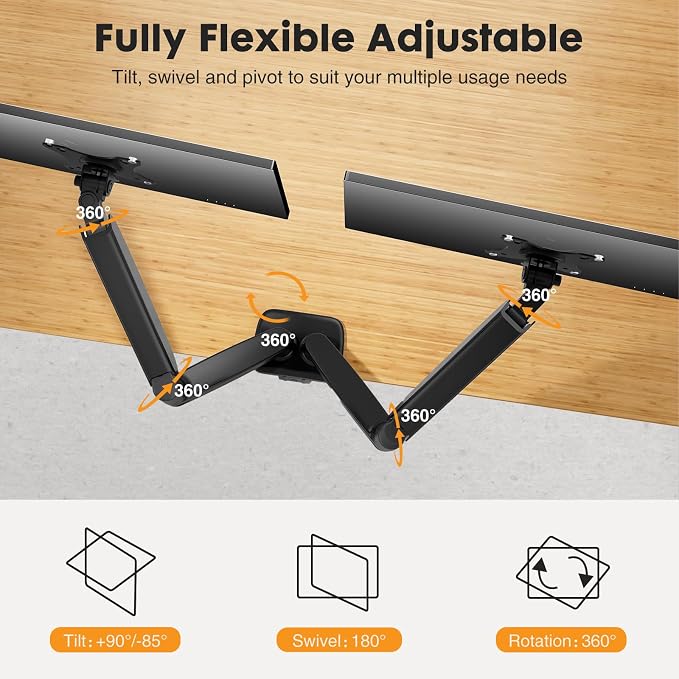 DUMOS 2Pcs Dual Monitor Mount for Desk, Gas Spring Monitor Arm for 2 Monitors Max 32 Inches, Fully Adjustable Double VESA Mount with C-Clamp/Grommet Base, Holds Screen 17.6 lbs - Image 2