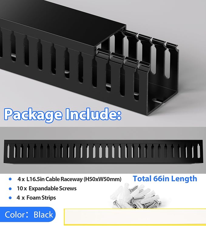 2" H x 2" W Cable Raceway, 66in Under Desk Wire Management Channel, Black | Slotted Wire Duct, 4Pack, 16.5in Each, Heavy-Duty PVC Cable Management for Server Racks, Network Cables & Electrical Cabinets - Image 5