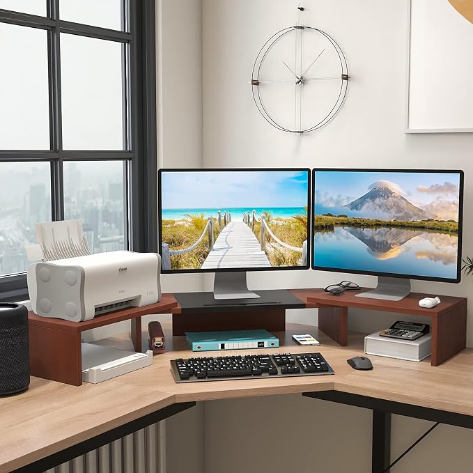WESTREE Triple Monitor Stand Riser - Extra Long, Adjustable Length & Angle, 3 Shelf Desktop Storage for 1-3 Monitors - Image 3