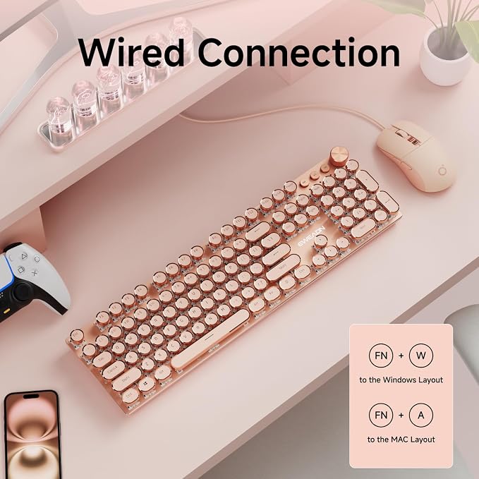 EWEADN Wired Typewriter Keyboard and Mouse Combo, Typewriter Style Mechanical Keyboard,104 Keys Backlit LED Keyboards, Media Control Knob, Wired Keyboard Pink Switch for Windows/PC-Rose Gold - Image 5