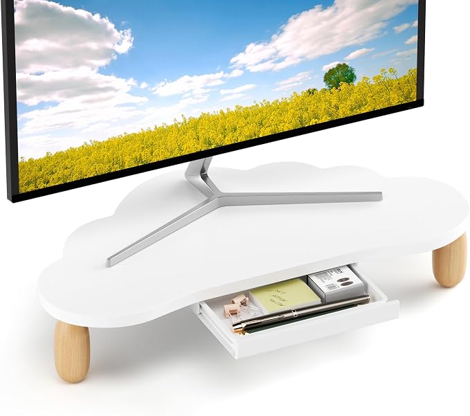AFOOYO Monitor Stand Riser,Cloud-Shaped Sturdy Wood 16.5In Computer Monitor Riser Wirh Drawer, Multi-Purpose Desktop Organizer Riser for Computer,Laptop,Printer,TV,White by AFOOYO