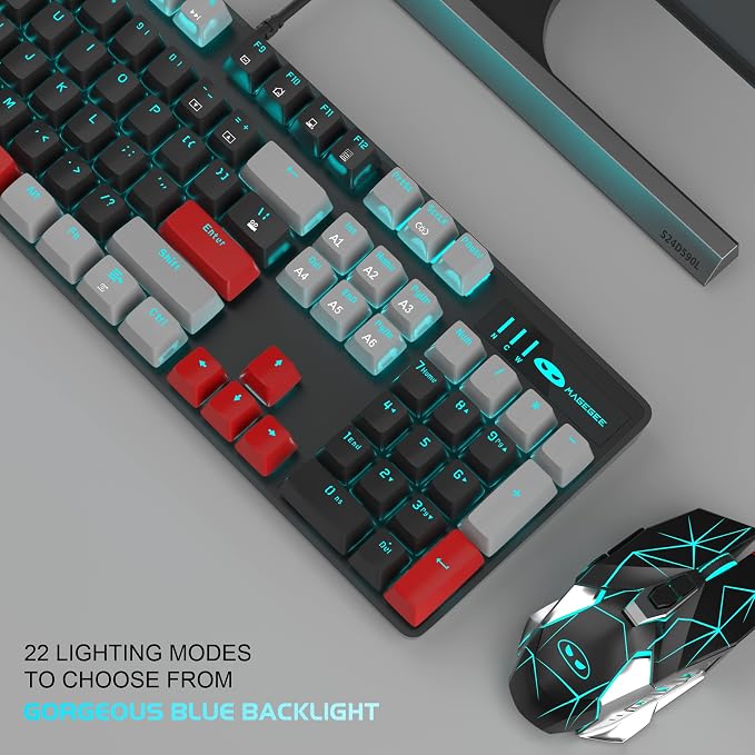 MageGee Mechanical Gaming Keyboard, 104 Keys Blue Backlit Keyboards with Red Switches Double-Shot Keycaps, USB Wired Mechanical Computer Keyboard for Laptop, Desktop, PC Gamers(Gray & Black) - Image 6