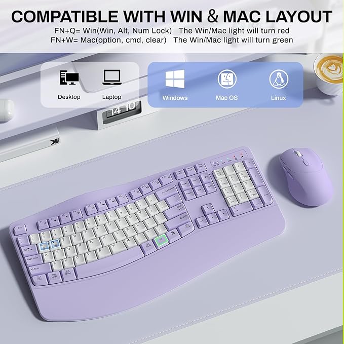 Wireless Keyboard and Mouse Combo,2.4G Ergonomic Wave Keys(Purple-B) | Full Size Cordless Keyboard with Wrist Rest,3-Level DPI Ergonomic Mouse for Office and Home,Windows/Mac OS/Desktop/Laptop/PC - Image 5
