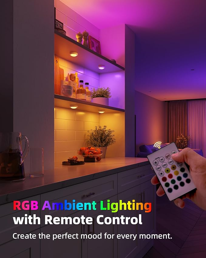 EZVALO 6-Pack RGB Rechargeable Puck Lights with Remote, Mini Under Cabinet Lighting, 2.95'' Tap Lights, 16 RGB Colors & 3 White Color Temps, Dimmable Stick-On Closet Lights for Kitchen, Shelf - Image 4