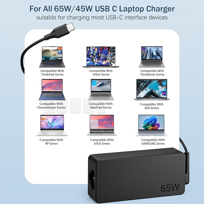 XOUBZ 65W UBS C Laptop Charger Compatible with Lenovo Thinkpad T480S T580S E480 E580 T14 T15 T16 E14 E15 X1 Carboon Yoga 7i 9i C930 C940 Chromebook C330 S330 300e Fast Power Adapter - Image 6
