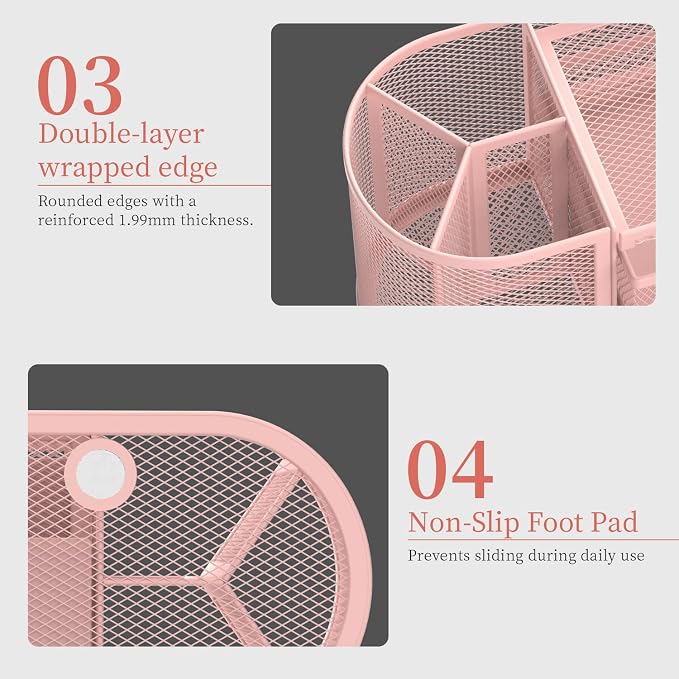 Mesh Desk Organizer, Pen Holder for Desk with 2 Drawers, Pink | Desk Organizers and Accessories with 8 Compartments and 2 Drawers, Pencil Holder for Desk for Small Office Supplies - Image 6
