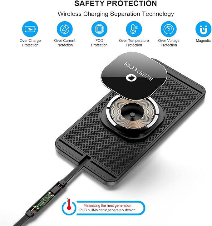Magnetic Wireless Car Charger Pad, REESTECQI 15W Wireless Charging Pad for Magsafe Charger Non Slip Type C with 40W Car Charger for iPhone 17/16/15/14/13/12, Airpods (30CM Cable) - Image 2