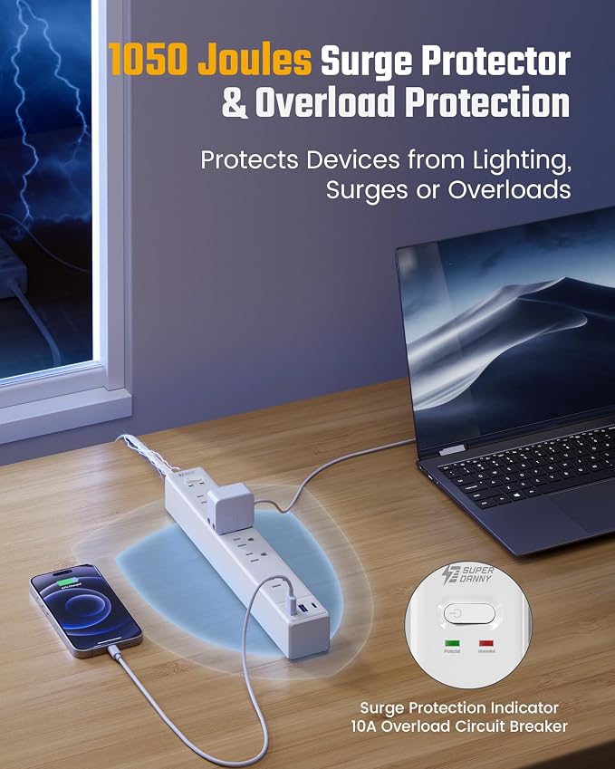 10Ft Extension Cord with Multiple Outlets, SUPERDANNY Flat Plug Surge Protector Power Strip 10 Ft Long Cord, 6 Outlets & 3 USB Ports, Charging Station for Home Office, College Dorm Room Essentials - Image 6
