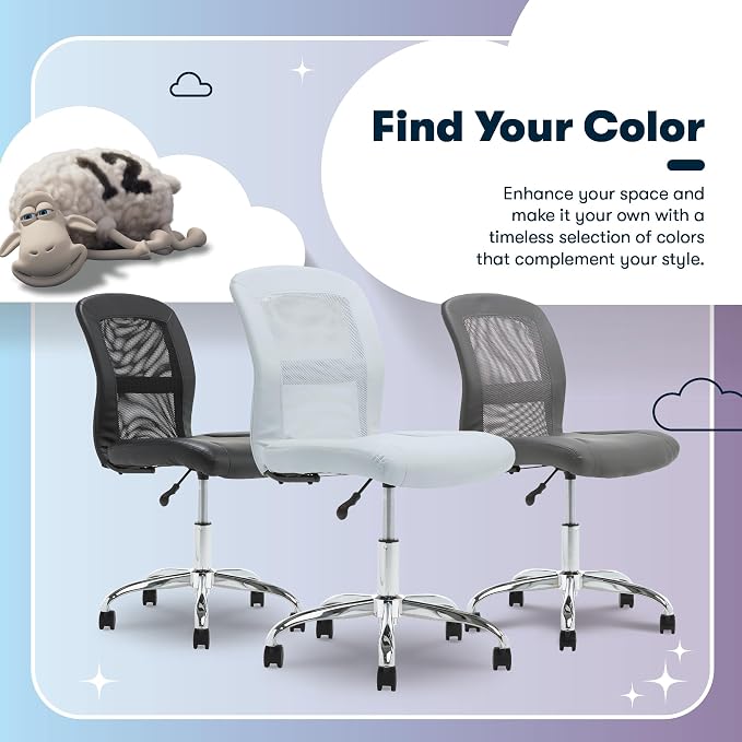Serta Armless Small Home Desk Chair with Wheel, Ergonomic Mesh Office Chair | Essentials, Leather & Foam Cushioned Seat, Adjustable Height, Vanity Chair for Bedroom & Small Space, 360° Swivel, Sky Blue - Image 11