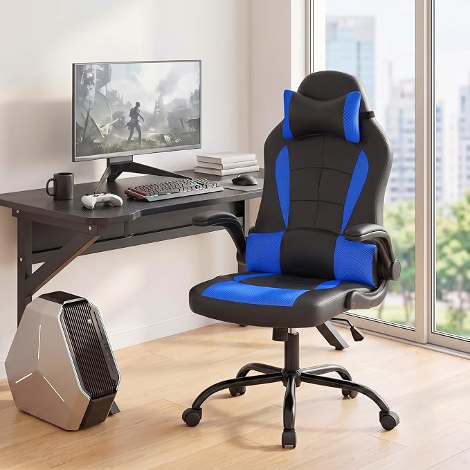 BestOffice | Gaming Chair | Blue | PU Leather | with Lumbar Support | Ergonomic Racing Style Desk Chair with Recline, Padded Armrests, Headrest, Swivel & Caster Wheels | for Gamers, Home, Office - Image 2